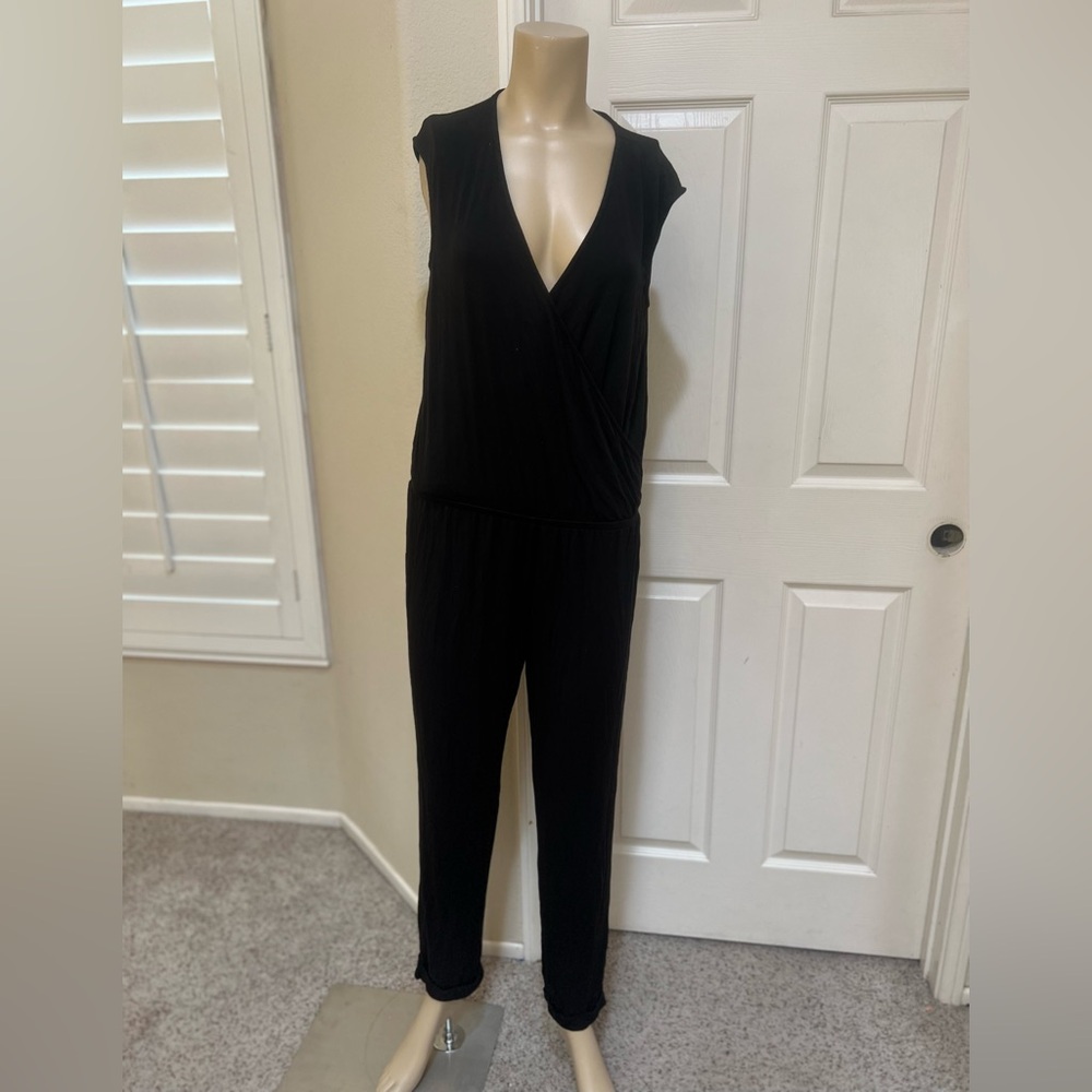 Lamade Black Stretchy Jersey Material Faux Wrap Short Sleeves Jumpsuit Boho SZ S